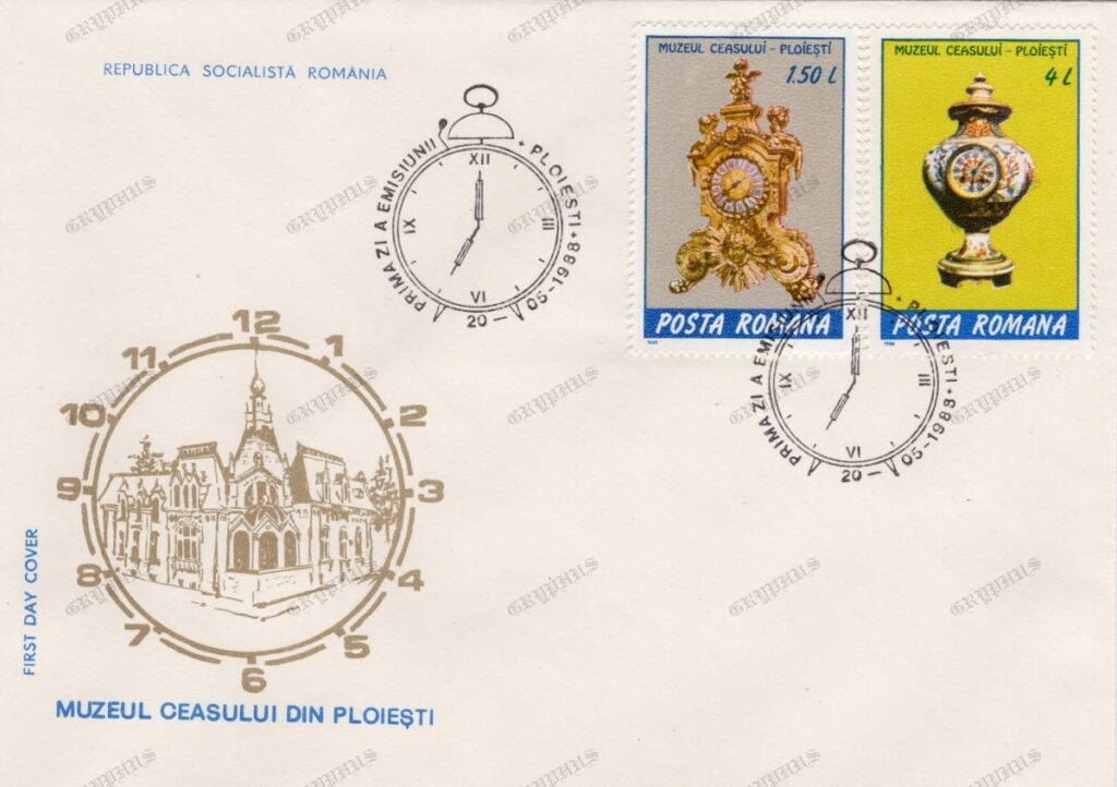 „Muzeul Ceasului din Ploiești” – FDC, 20 mai 1988, timbre 1,50 și 4 lei