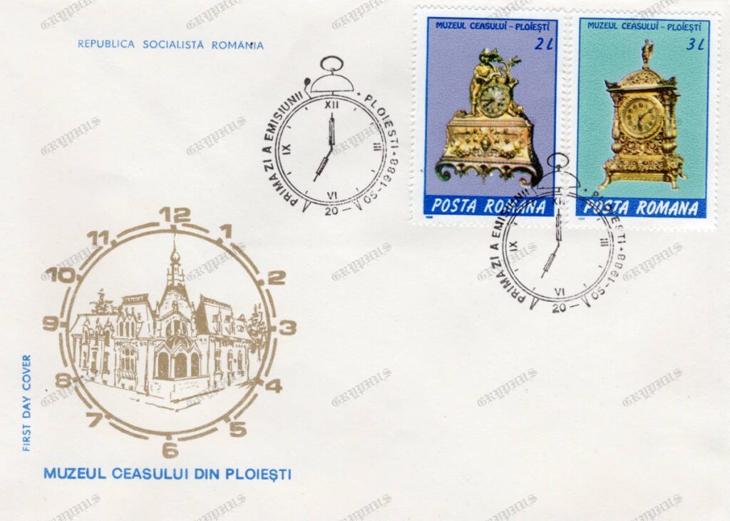 „Muzeul Ceasului din Ploiești” – FDC, 20 mai 1988, timbre 2 și 3 lei