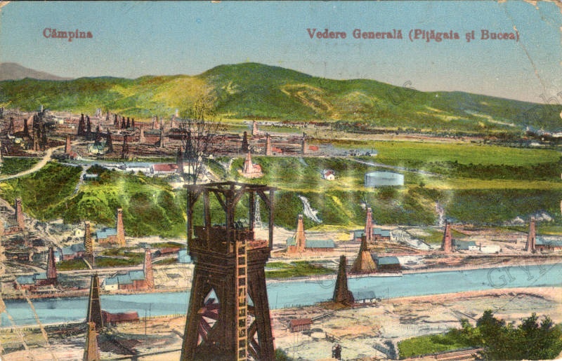 Câmpina – Vedere generală (Pițăgaia/Pițigaia și Bucea), circulată 1915